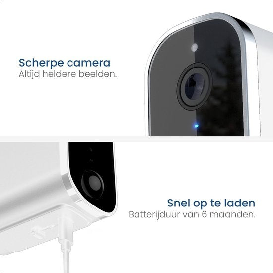 Gologi wireless camera on battery - Caméra de sécurité - Avec vision nocturne - Caméra WiFi - Caméra de sécurité - Rechargeable - Application en néerlandais - Blanc