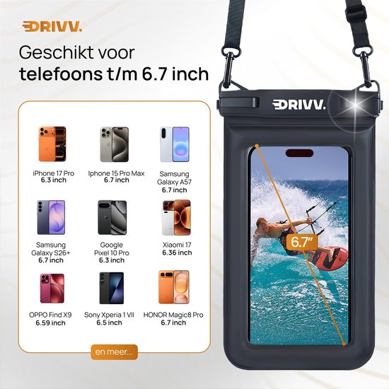 Drivv. Étui de protection étanche de luxe pour téléphone – Flottant – Double fermeture à clip – Éponge supplémentaire – Téléphones jusqu'à 6,8 pouces – Étui de protection sous-marin pour téléphone – Noir