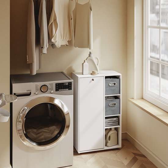 Meuble de salle de bains SoBuy avec panier à linge, armoire de rangement avec 2 paniers en tissu, peu encombrant, linge sale, blanc, pour buanderie BZR218-W