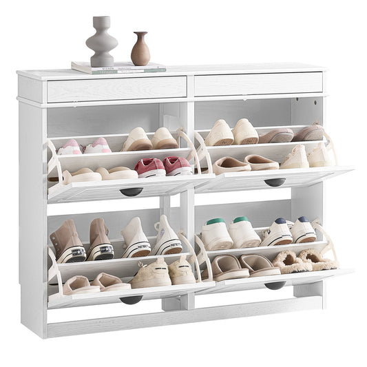 SoBuy Armoire à chaussures FSR79-WG - 4 volets - 103 x 23 x 82 cm - Blanc avec effet bois antique - Support pour 16 paires de chaussures