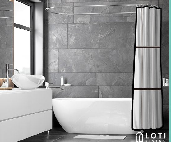 Loti Living Rideau de douche anti-moisissure - Noir transparent mat - Anneaux inclus - Imperméable - PEVA - Rideau de douche 180x200 cm