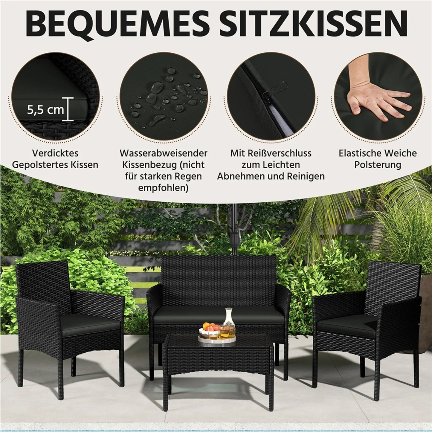 Yaheetech Garden Set Lounge Set 4-Piece - 100 x 59.5 x 83.5 cm - Equipé d'un plateau de table en PE-Rattan tressé à la main et de coussins lavables - Pour le jardin et le balcon - Polyéthylène noir et métal