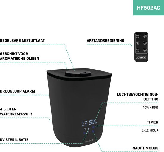 VONROC Humidificateur 4,5 litres - ultrasons - stérilisation UV - sortie de brume 360° - Télécommande incluse