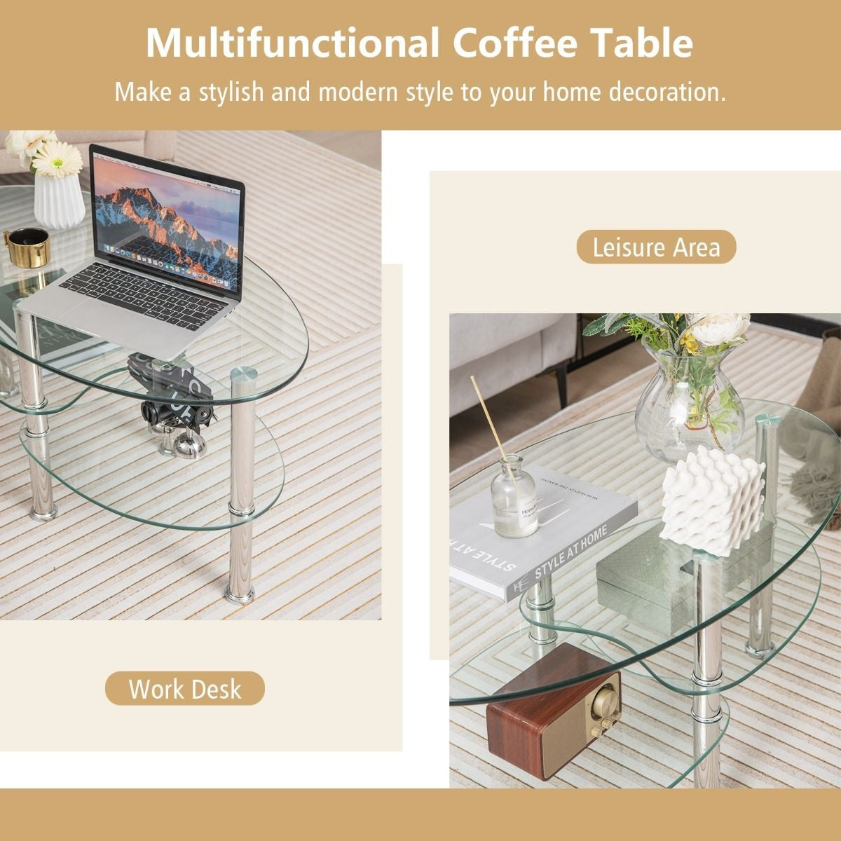 Table basse Coast - 3 couches - Verre trempé - Moderne - 89 x 50 x 45 cm - Blanc