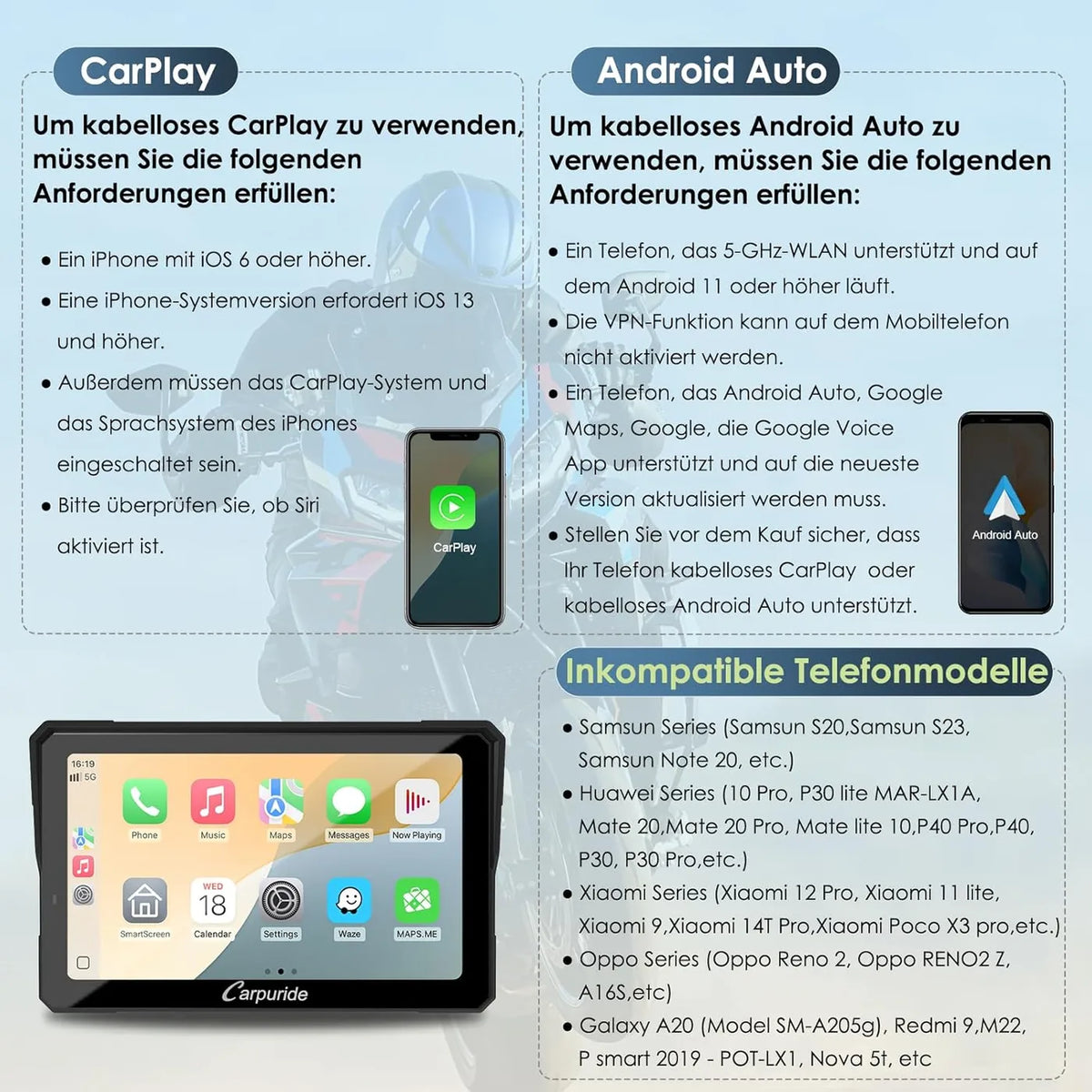 Écran CarPlay pour moto Carpuride W702BS Pro 7 pouces - BMW Wonderwiel - CarPlay et Android Auto sans fil - Étanche - Noir