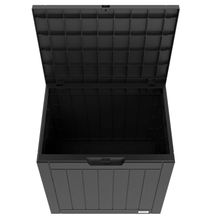 LifeGoods Boîte de rangement XXS 118L - Boîte de rangement pour coussins de jardin - imperméable - résistant aux intempéries - aspect bois - avec support de serrure - gris