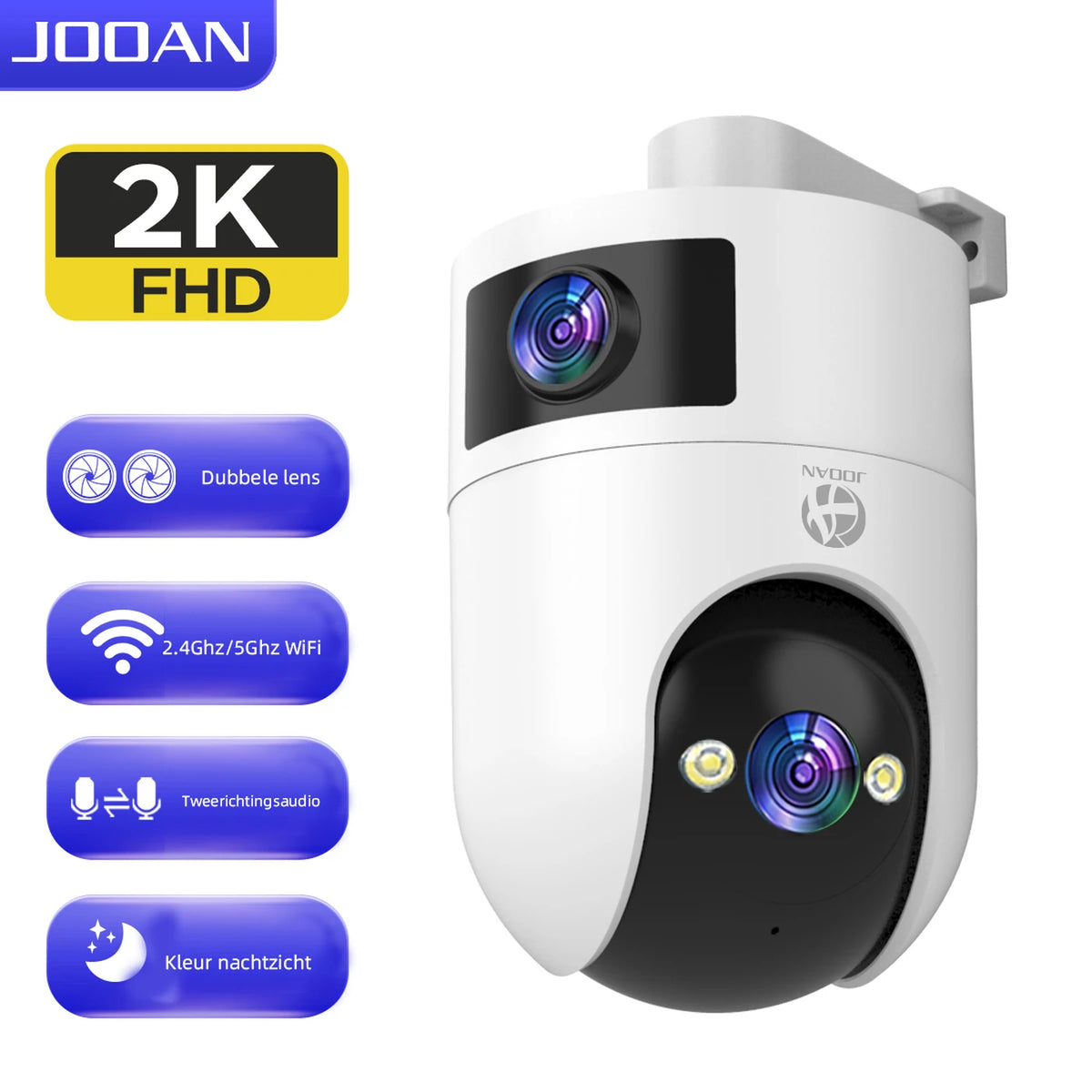 Caméra de sécurité Jooan à double objectif 2K - Wi-Fi avec application - Noire