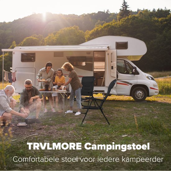 TRVLMORE Chaise de camping - 7 positions - Chaise de camping confortable - Capacité de charge de 120 kg - Position allongée - Chaise pliante - Chaise pliante - Noir