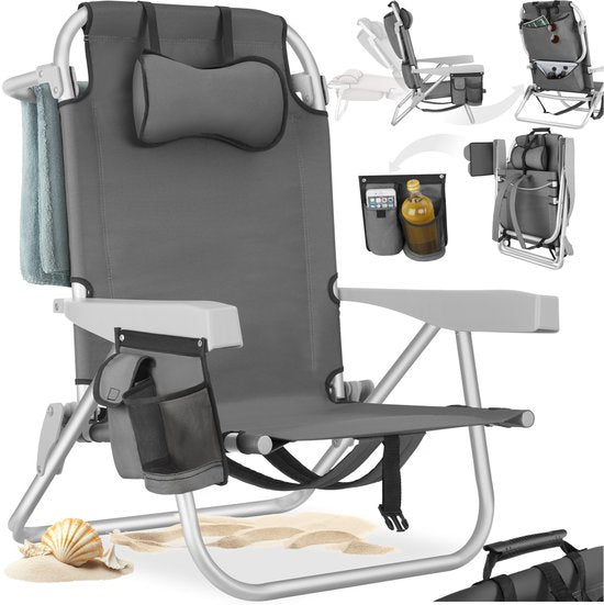 tectake® Beach Chair Coral - Chaise de camping pliable avec sac isotherme et sac de rangement - Dossier réglable en 5 directions avec coussin de tête - Accoudoirs larges avec porte-gobelet / porte-téléphone - Chaise de camping pliable - Gris