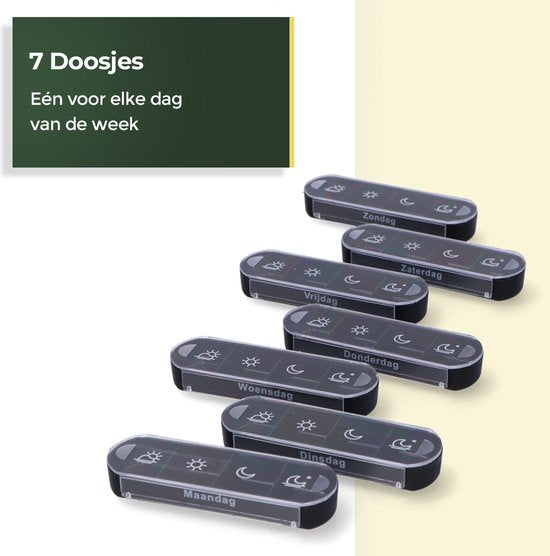 Boîte à pilules Gandria 7 jours - Boîte à pilules amovible - Boîte à médicaments empilable avec 28 compartiments - Boîte à médicaments avec fermeture solide - 4 compartiments par jour - Noir