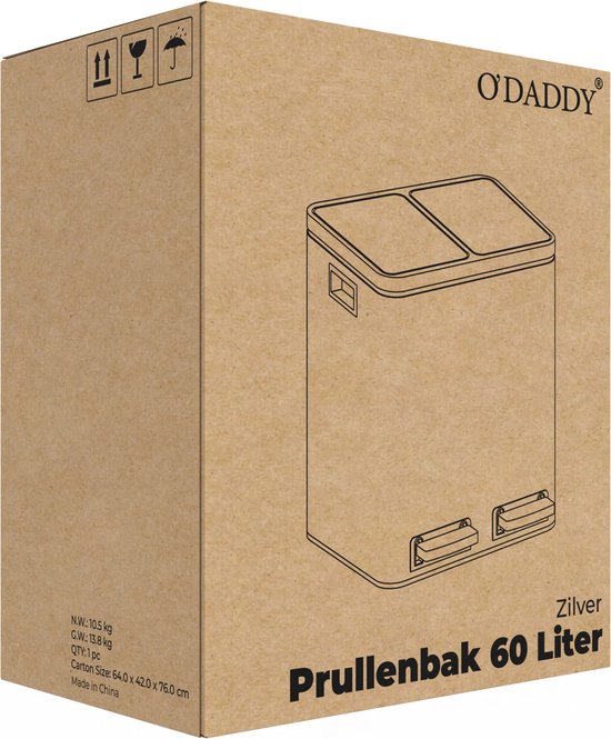 Poubelle O'DADDY® - Poubelle – Duo Bin – 60 litres – Fermeture douce – 58,6 x 32 x 65 cm – 2 seaux intérieurs / compartiments - Poubelle - Poubelle à pédale 60 L - Corbeille à papier - Poubelle - Poubelle pour le tri sélectif – 15 sacs poubelle inclus – A