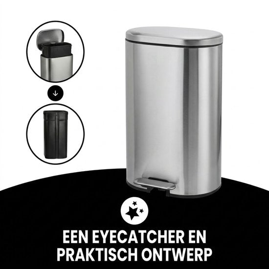Poubelle Bayt - Poubelle à pédale 50 litres - Poubelle 50 litres - Poubelle 50 litres - Poubelle pour le tri sélectif - Poubelle en acier inoxydable - Argent