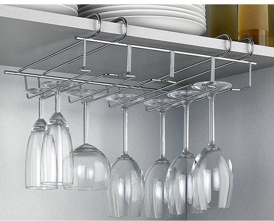 Support à vin pour 12 verres - 34x25x9cm - Métal argenté - 12 verres à vin