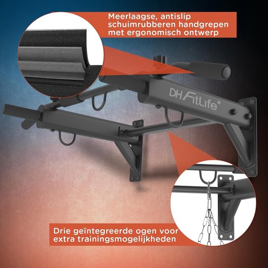 DH FitLife 4-in-1 barre de traction murale avec prise d'écartement, barre de traction multifonctionnelle pour la maison jusqu'à 200 kg | 6 poignées antidérapantes | 3 oeillets pour sac de frappe & sling trainer | sûre et stable