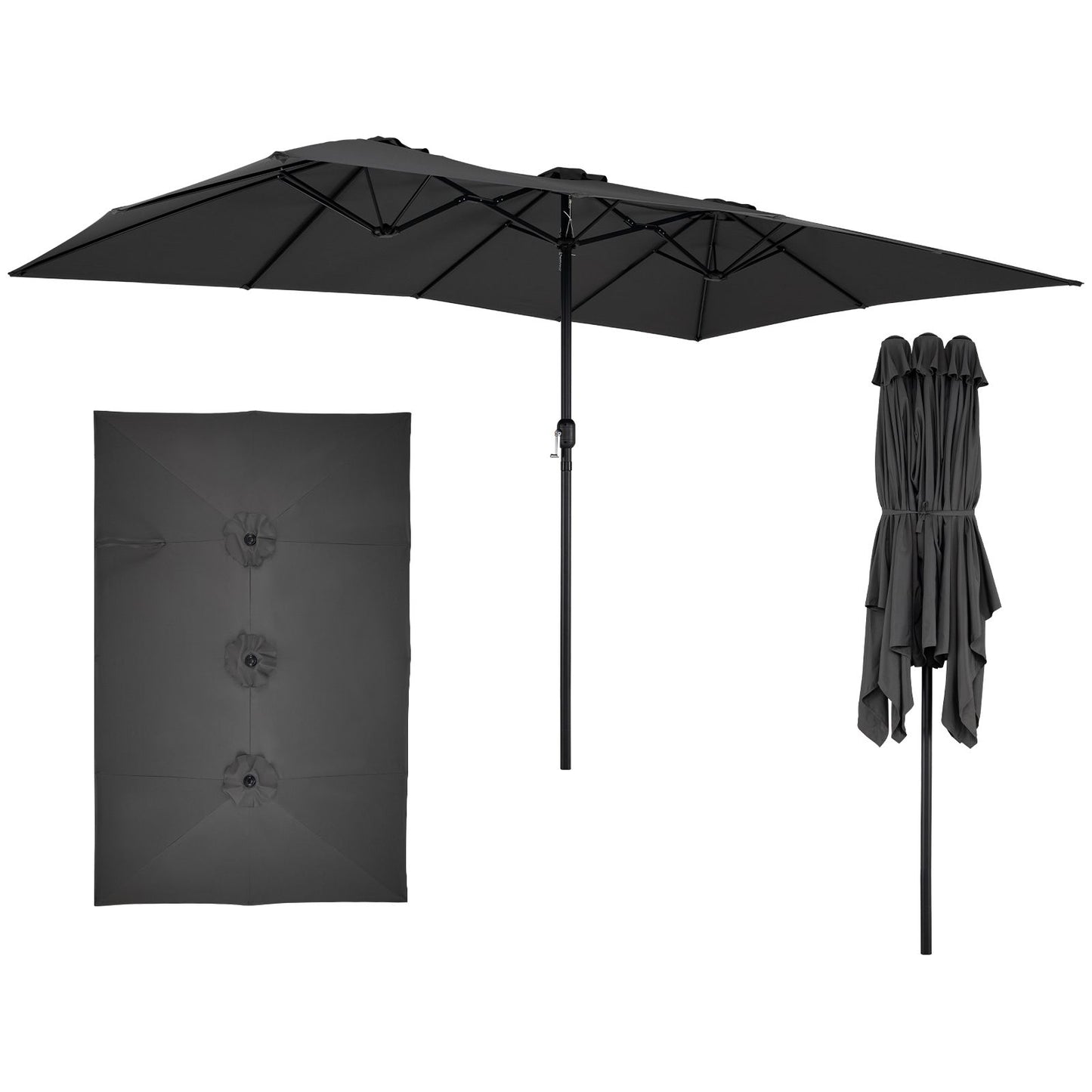 Parasol Coast à double toit 430 x 276 x 260 cm, très grand format - 12 baleines - Système à manivelle - Gris