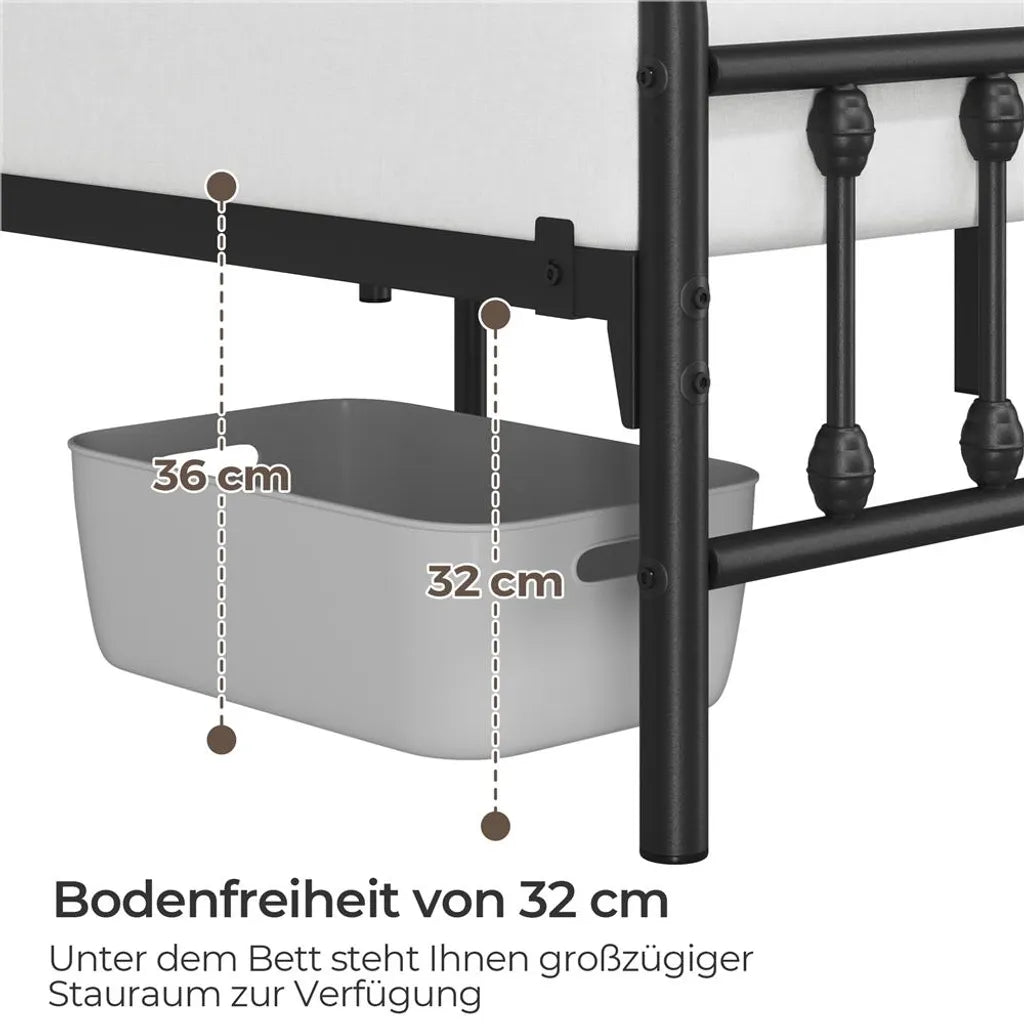 Cadre de lit en métal Yaheetech - Sommier à lattes - 140 x 200 cm - Espace de rangement de 32,5 cm - Noir