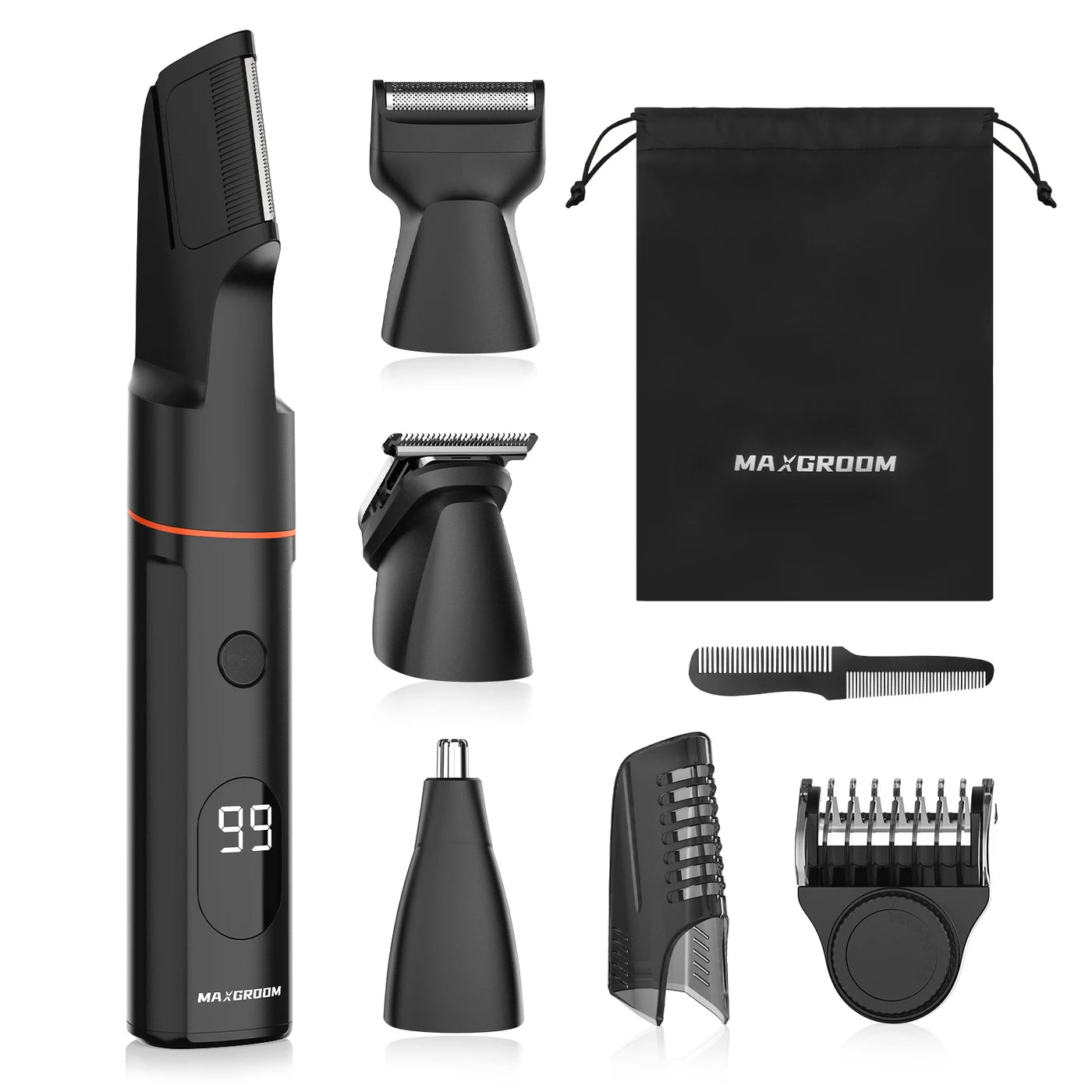 Tondeuse corporelle MAXGROOM 7-en-1 - Sans fil - 1 à 9 mm - Étanche IPX6 - 90 min - Écran LED - Embouts magnétiques