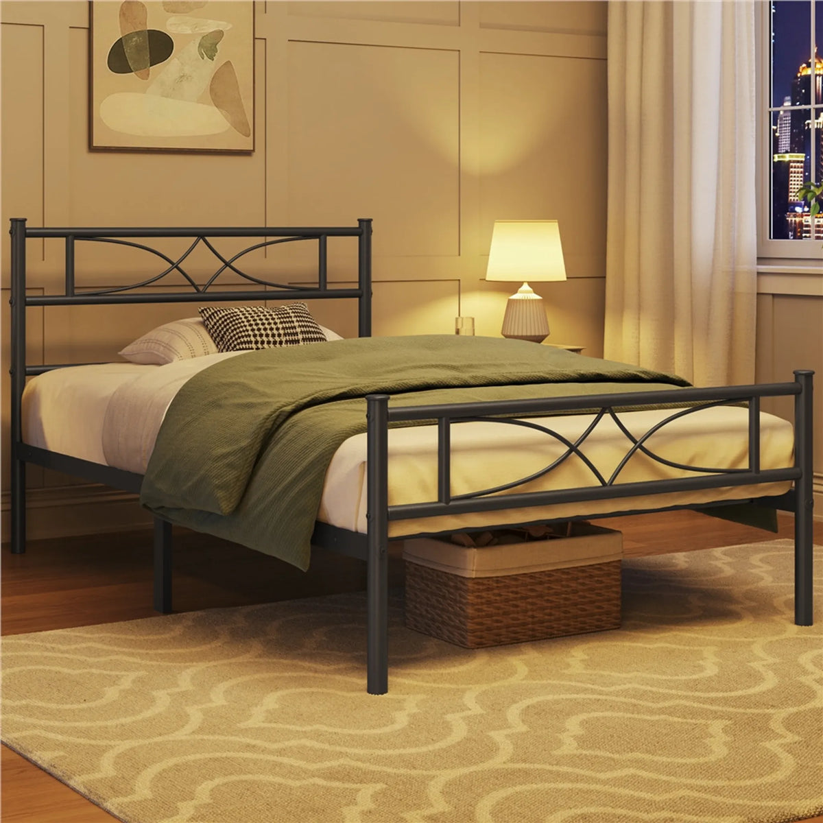 Cadre de lit en métal Yaheetech 90 x 200 cm - Noir - 204 kg - Avec tête et pied de lit - Espace de rangement sous le lit de 32 cm
