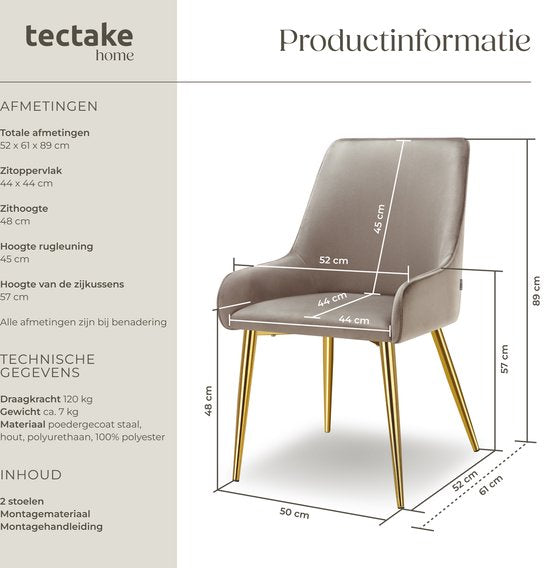 tectake® Chaise de salle à manger Avane - Aspect velours - Chaise ergonomique rembourrée avec pieds en acier doré - Capacité 120 kg - Chaise de salle à manger et de cuisine moderne - Lot de 2 - Taupe