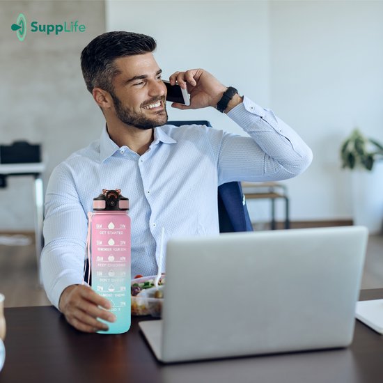 Gourde Supplife - 1 litre - avec paille - Motivation - Gourde de sport - Sans BPA - Rose Aqua