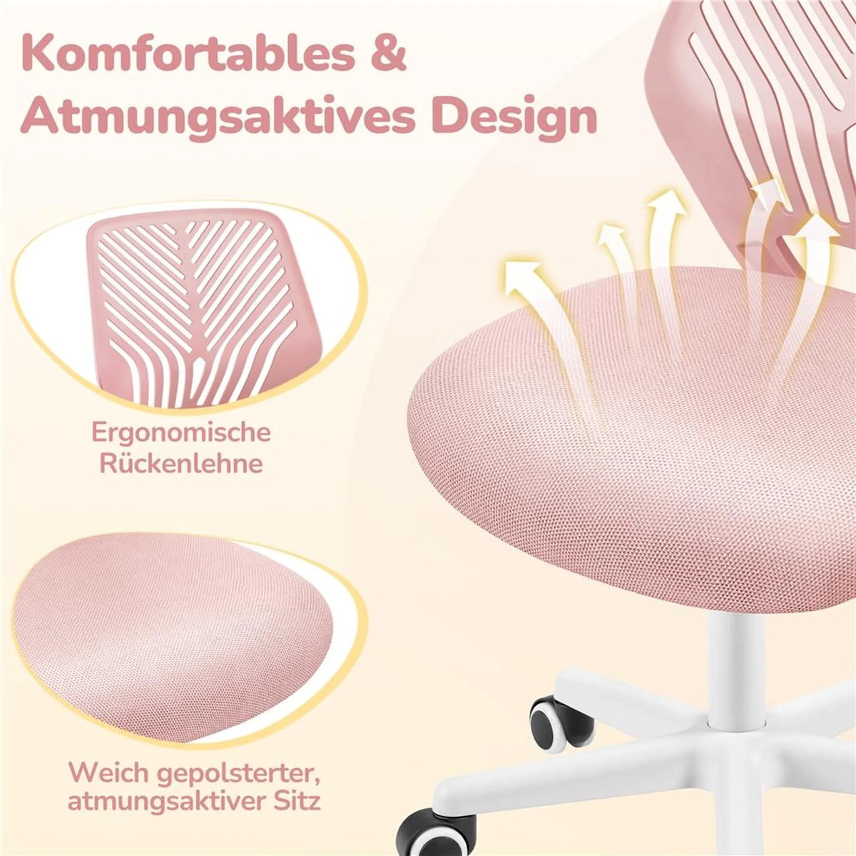 Chaise de bureau sans accoudoirs, réglable en hauteur et pivotante à 360°, rose pâle