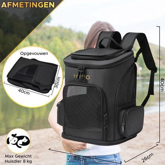 Toivo Dog Backpack - Sac de transport pour animaux - 40 x 33 x 26 cm - Noir - Jusqu'à 8kg - Sac à dos pour chat - Transport - Sac de voyage pour chat - Sac de transport pour chien