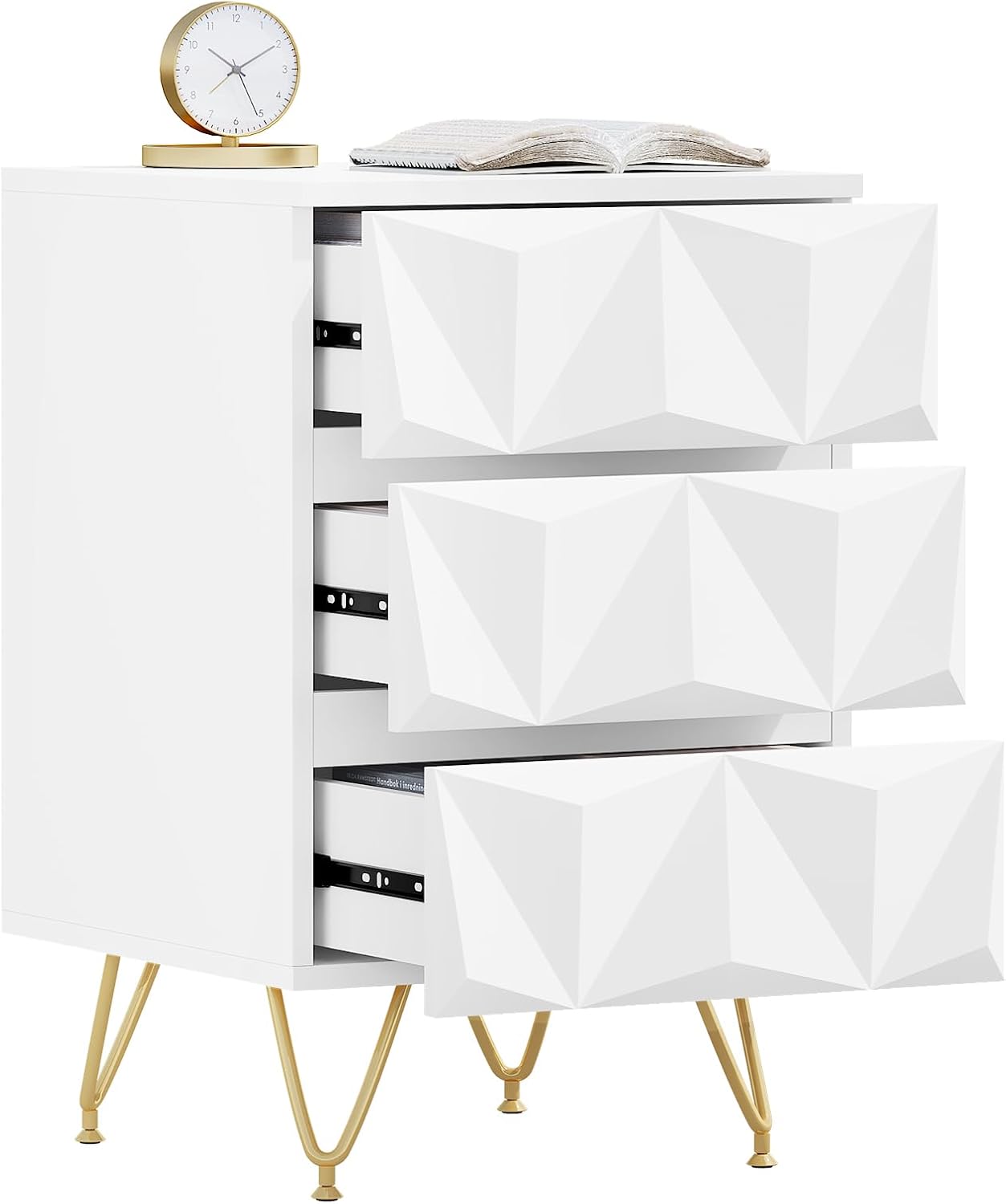 Eugad Table de chevet avec 3 tiroirs - 40x40x62,5 cm - Blanc avec or - Design 3D moderne
