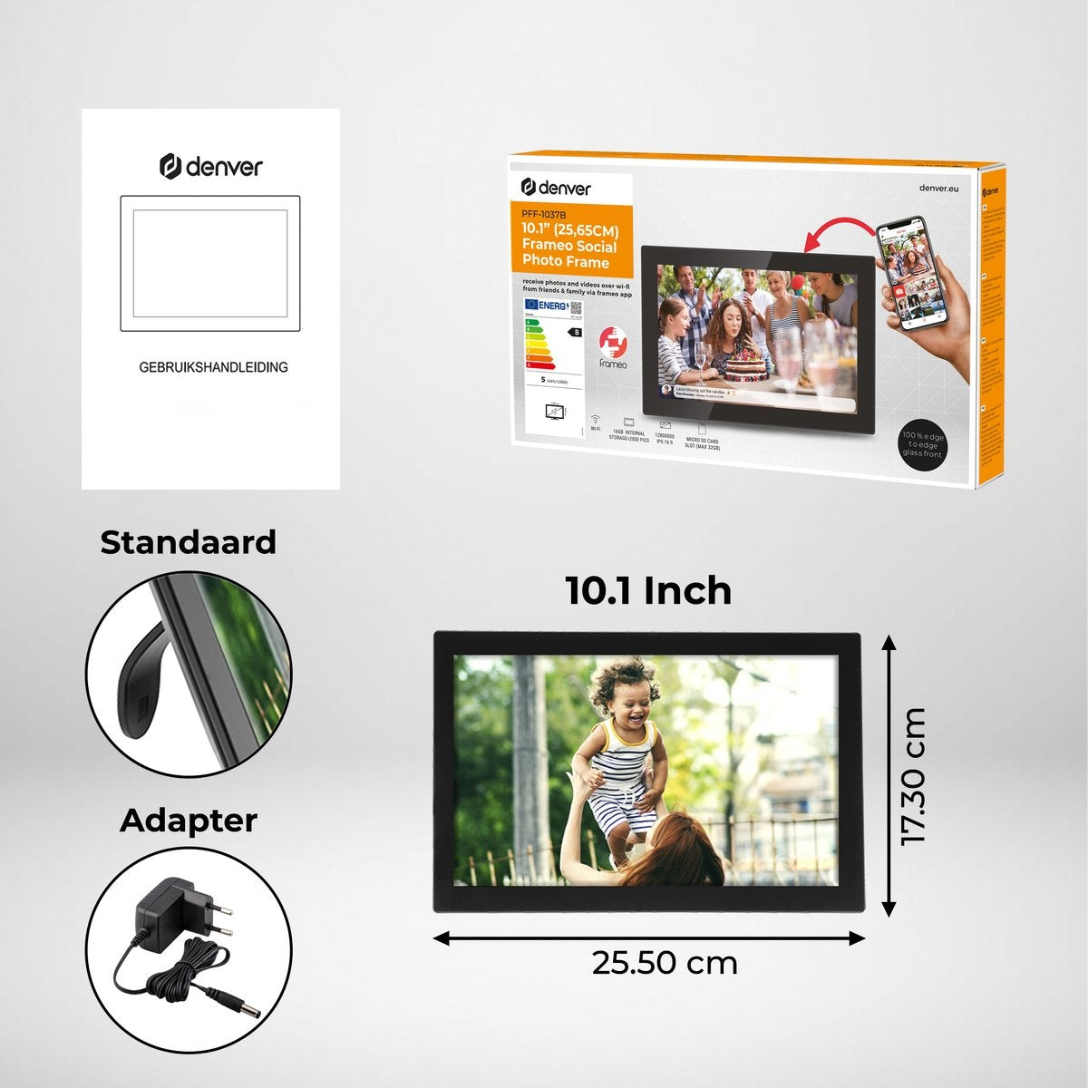 Denver Digitale Fotolijst 10.1 inch - Glas Display - HD - Frameo App - Fotokader - WiFi - 16GB - IPS Touchscreen - PFF1037B