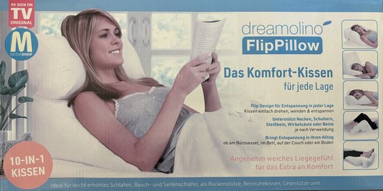 Oreiller Dreamolino Flip - Oreiller 10 en 1 - Détente - Sommeil - Soutien dorsal - Pour ceux qui dorment sur le ventre ou sur le côté - Coussin pour les jambes - Soutien de lecture - Rembourrage moelleux