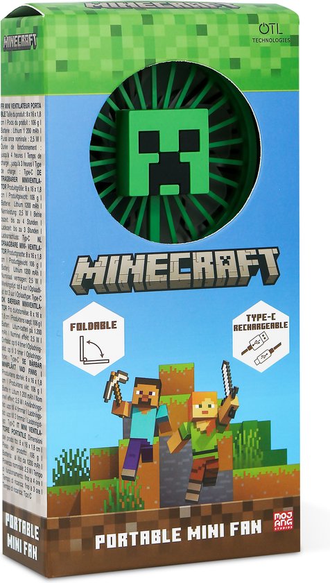 Minecraft - ventilateur - pliable - deux vitesses - rechargeable via USB-C - 4 heures d'autonomie - silencieux