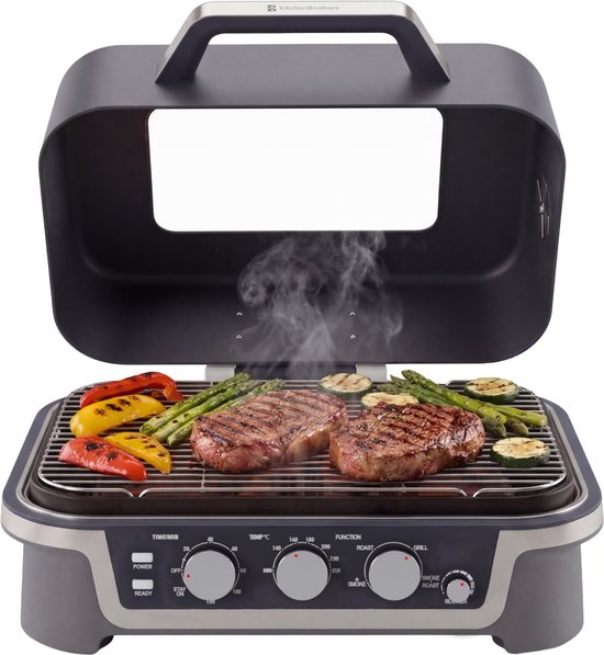 KitchenBrothers Barbecue électrique et fumoir - Modèle de table pour balcon - 90 °C à 250 °C - 2 600 W - Barbecue de table - Avec hublot