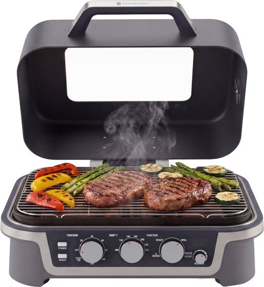 KitchenBrothers Barbecue électrique et fumoir - Modèle de table pour balcon - 90 °C à 250 °C - 2 600 W - Barbecue de table - Avec hublot