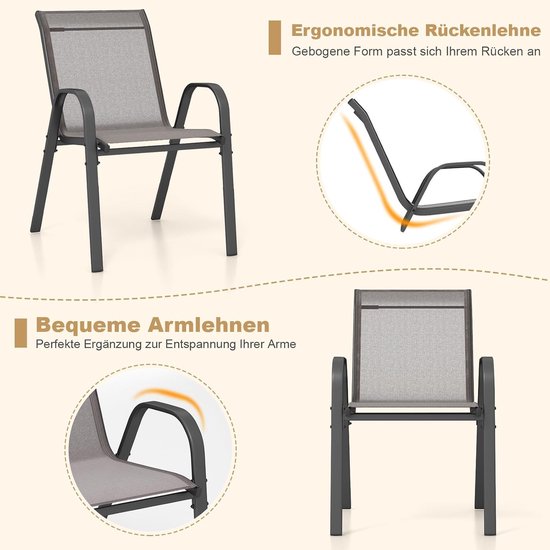 COSTWAY Lot de 4 chaises de jardin empilables, chaises empilables en textile et structure métallique, chaises de terrasse avec accoudoirs, chaises de balcon, charge jusqu'à 150 kg, 56 x 70 x 84 cm, gris