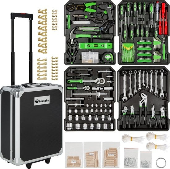 tectake® tool case, tool set, tool case filled 1200-piece, tool trolley, 4-level tool box, aluminium case with wheels and telescopic handle - black