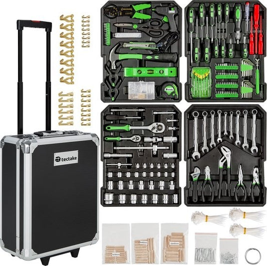 tectake® tool case, tool set, tool case filled 1200-piece, tool trolley, 4-level tool box, aluminium case with wheels and telescopic handle - black
