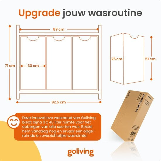 Goliving Trieur de linge - Panier à linge avec 3 compartiments - Boîte à linge - Textile Oxfort/Métal/Bois - 3 x 38 Litres - 25 x 92,5 x 71 cm - Noir