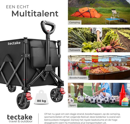 Chariot tectake® - Pliable - Capacité de charge de 80 kg - Roues pivotantes massives avec frein - 45 x 88 x 95 cm - Chariots de transport - Chariot à main - Avec poignée réglable - Chariot à main - Chariot de transport hydrofuge - Avec tablette et compart