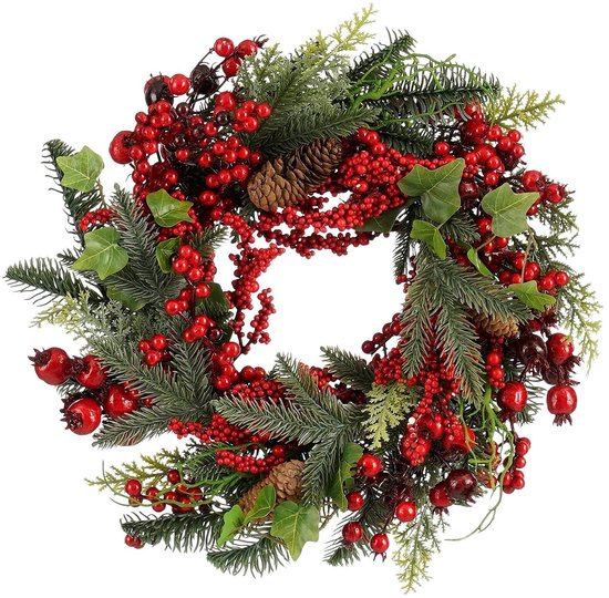 Mica Decorations Norah Décorations de Noël - Couronne de Noël avec pommes de pin et baies rouges - Couronne de porte pour le hall d'entrée, la porte d'entrée ou la fenêtre - Décoration de Noël classique - H 11 x Ø 40 cm - Rouge
