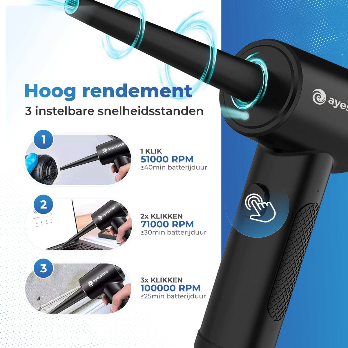 AyeSense 8 in 1 Air Duster Pro - 8 Opzetstukken - Draadloos & Oplaadbaar - Perslucht - Compressed Air