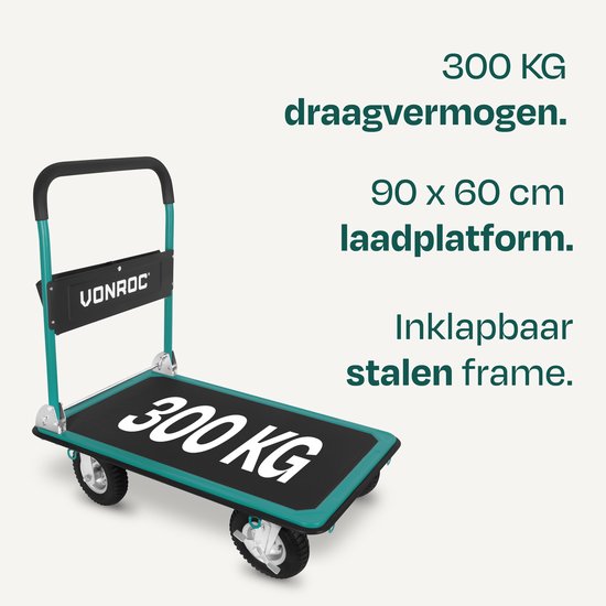 Chariot à plateau VONROC Premium – avec pneus gonflables – pliable – capacité de charge max. 300 kg – grande surface de chargement 90 x 60 cm – sangles de fixation incluses