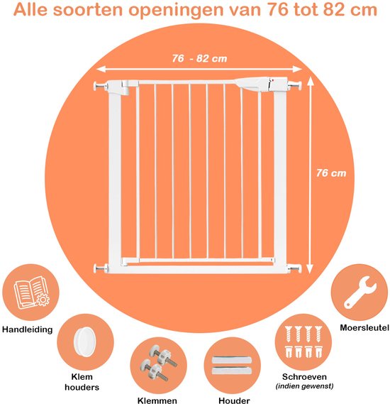 Barrière d'escalier sans perçage – 76 à 82 cm – Barrière de sécurité – Fixation par pinces – Barrière pour enfants – Barrière pour chiens – Blanc