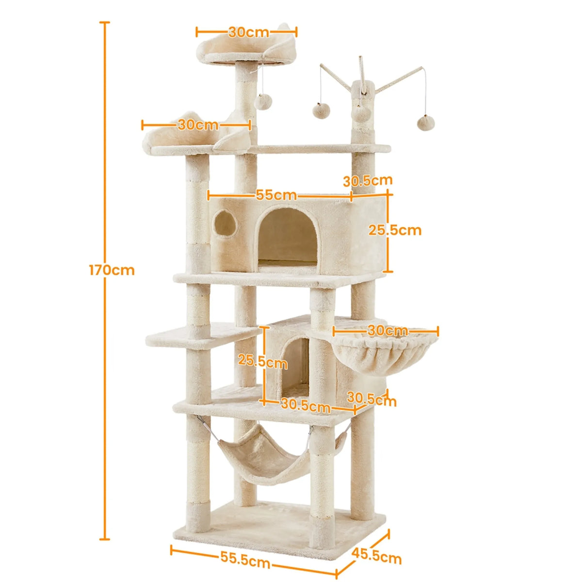 Arbre à chat Yaheetech 170 cm - Beige - XL - 5 niveaux - 2 niches pour chats - Hamac - 7 poteaux à grimper