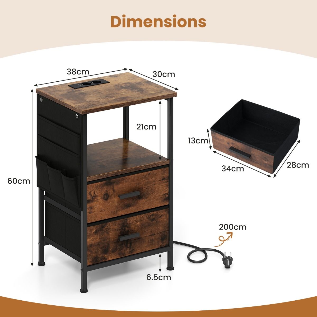 Ensemble de tables d'appoint Coast 2 pièces - avec station de recharge et éclairage LED - 2 tiroirs en tissu et 6 compartiments latéraux - marron rustique