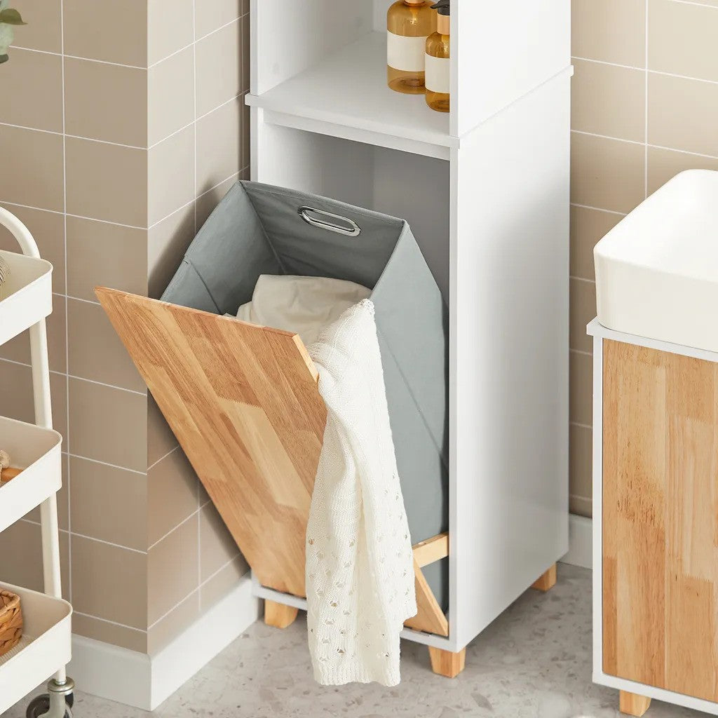 SoBuy - meuble de salle de bain avec sac à linge escamotable - blanc - 31x170x32cm