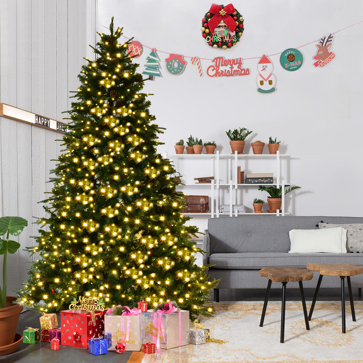 Coast Sapin artificiel avec chaînes lumineuses LED arbre de Noël 210/225/240 cm Vert-225 cm