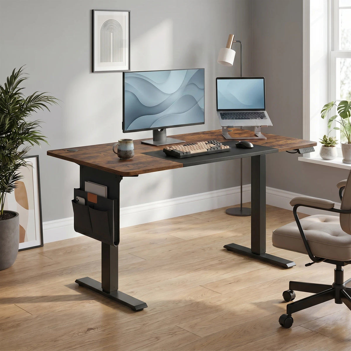 Bureau réglable en hauteur Joyfurnos avec fonction mémoire - Port USB-C - 160 x 70 cm - Marron-Noir