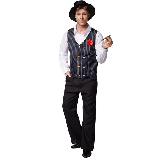 costume de gentleman charleston - taille S - noir/blanc - polyester - comprenant chapeau, chemise, gilet et pantalon