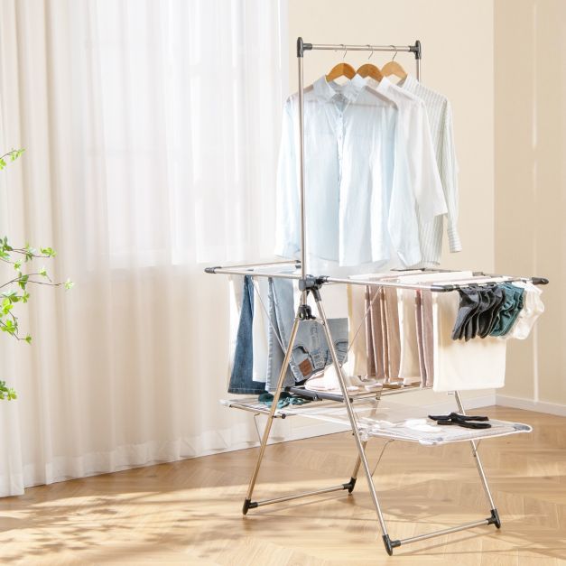Grand séchoir pliable avec tige de suspension surélevée - Pour l'intérieur et l'extérieur - Peu encombrant et robuste