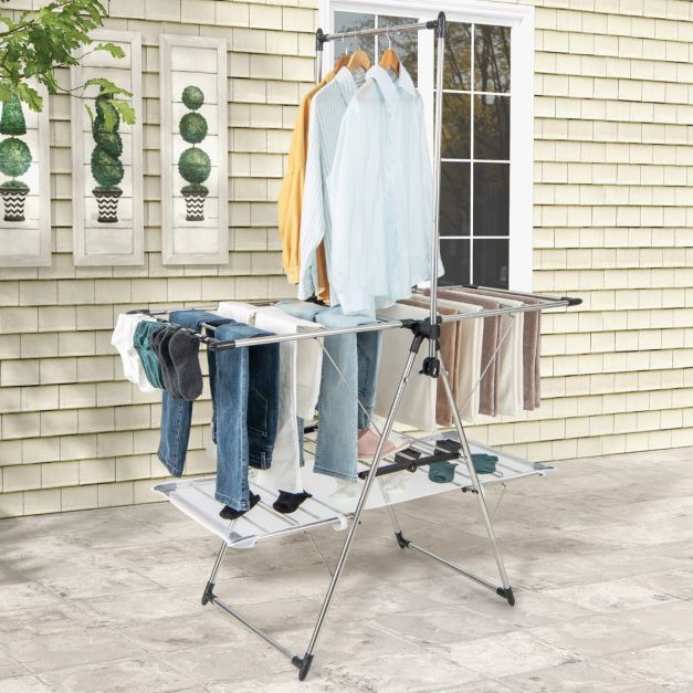 Grand séchoir pliable avec tige de suspension surélevée - Pour l'intérieur et l'extérieur - Peu encombrant et robuste