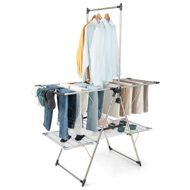Grand séchoir pliable avec tige de suspension surélevée - Pour l'intérieur et l'extérieur - Peu encombrant et robuste